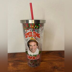 NWOT Elf Movie Smiling Glitter Filled Acrylic Tumbler Cup with Straw & Lid 20 oz